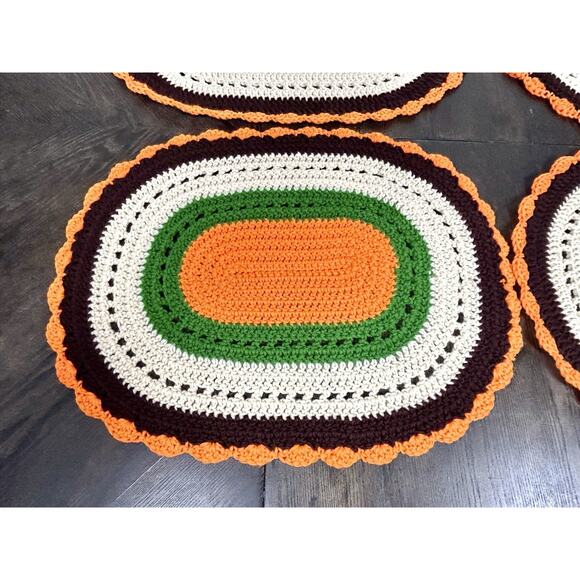 Vtg Set Of 4 BOHO Handmade Crocheted Table Placement Mats Beige Autumn Colors - Picture 4 of 12